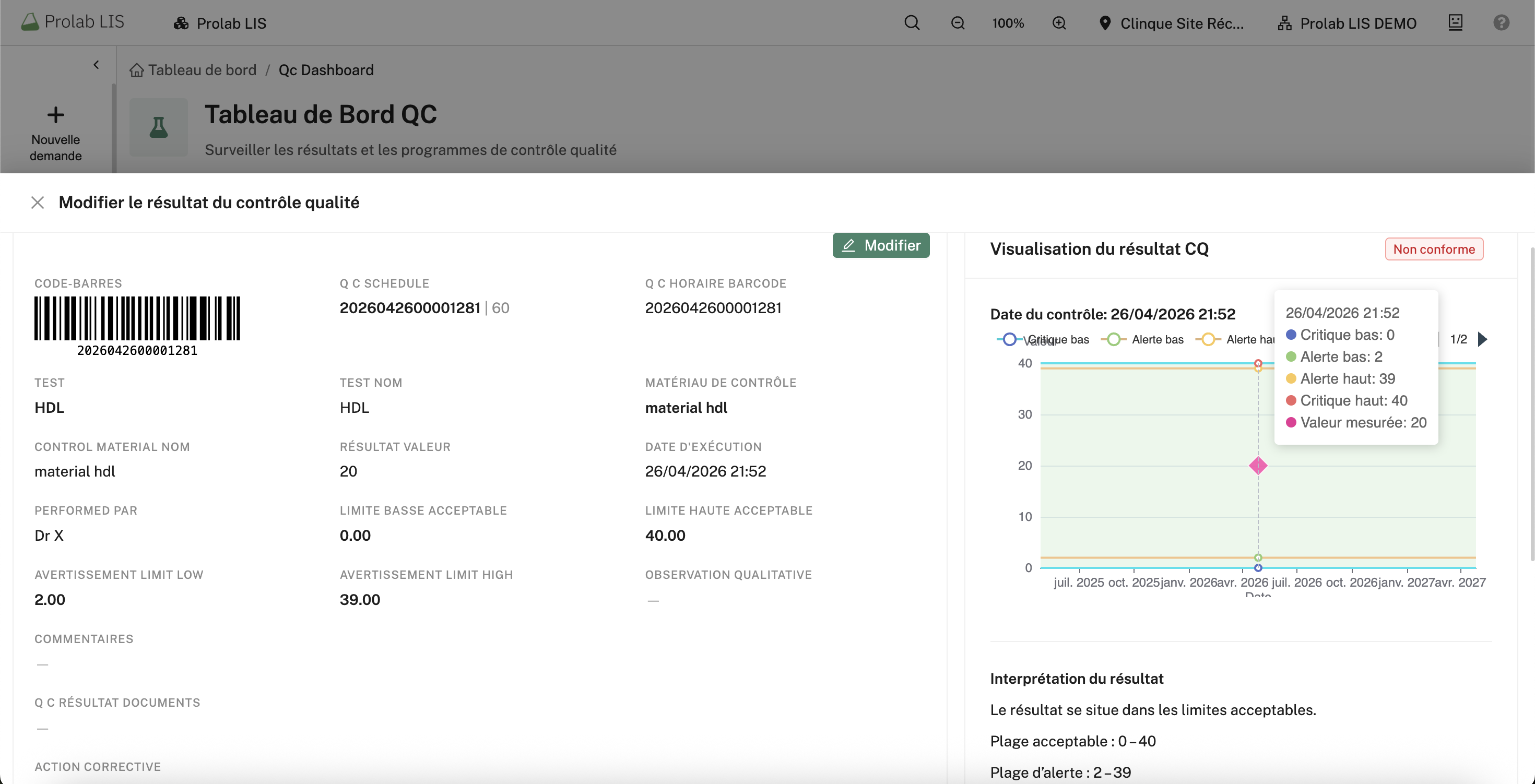Saisie résultat CQ avec graphique et limites