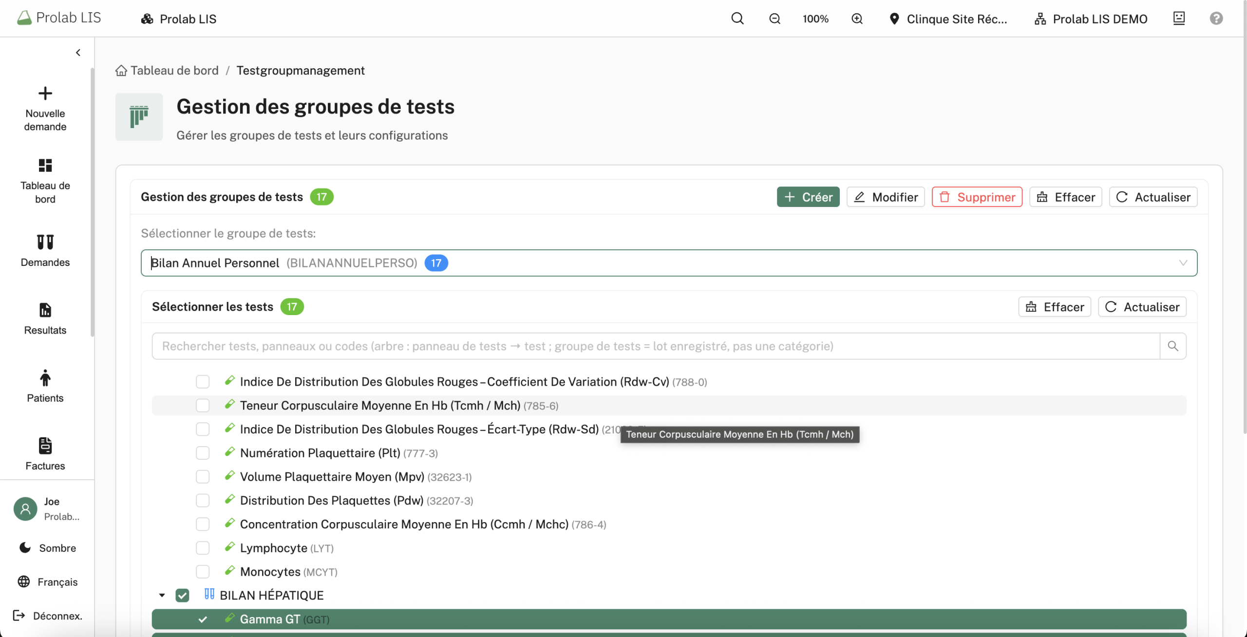 Groupes de tests et raccourcis